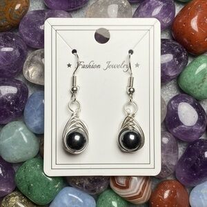 8mm Hematite Wire Wrapped Earrings Tarnish Resistant
